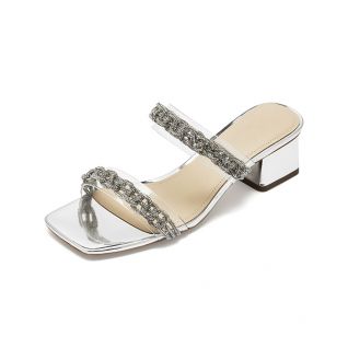 Transparent PVC Strip Diamond Block Heel Sandal