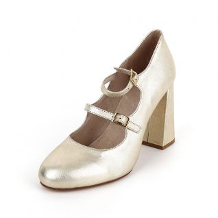 Metallic Leather Chuncky Heel Round Toe Women's Shoes