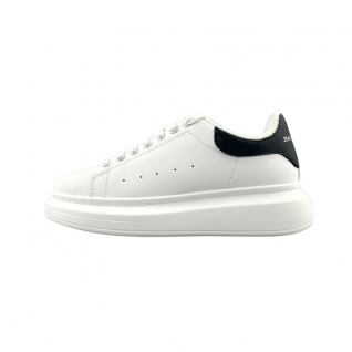 Full Grain Leather White and Black Laced up Sneakers Women's Shoes