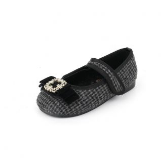 Check Pattern Fabric Velcro Closure Rhinestone Bow Girls Dress Flats Kids' Shoes