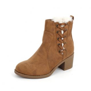 Waxy Leather Chunky Heel Round Toe Fur Lining Boots Kids' Shoes