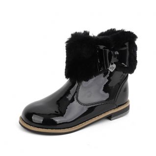 Mirror Leather Fur Collar Fashion Side Bow Ankle Boots Kids' Shoes